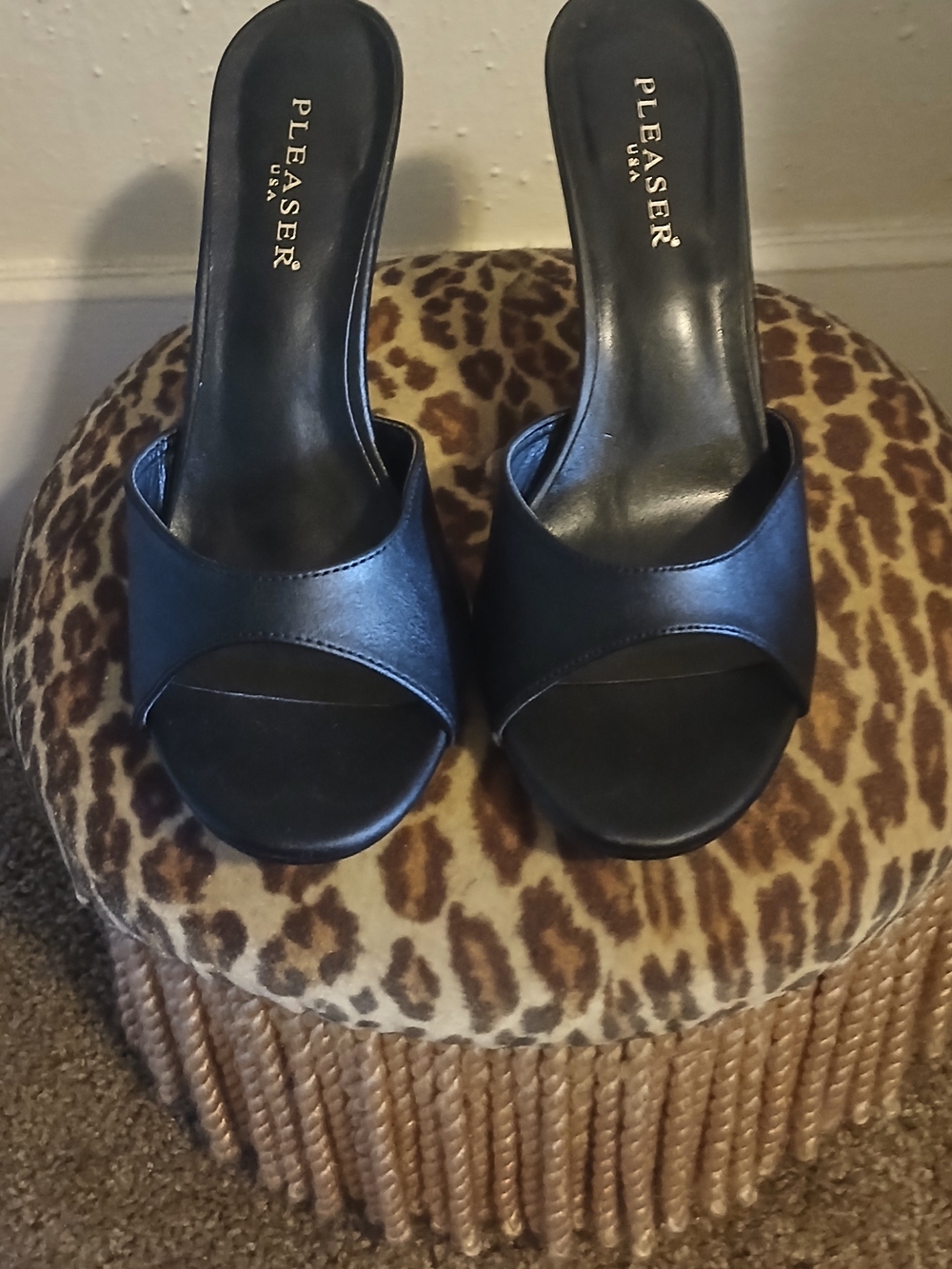 Pleaser Black Open-Toe Slide Mules, NWOB